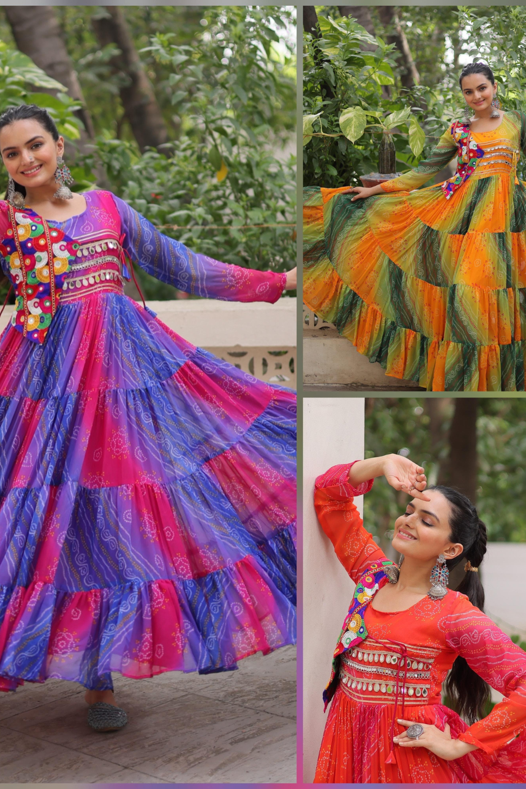Navratri Special Laheriya Bandhej Kutchi Work Georgette Gown