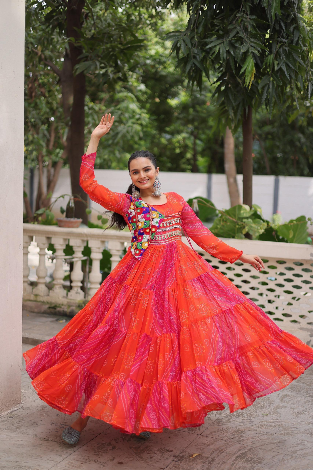 Navratri Special Laheriya Bandhej Kutchi Work Georgette Gown