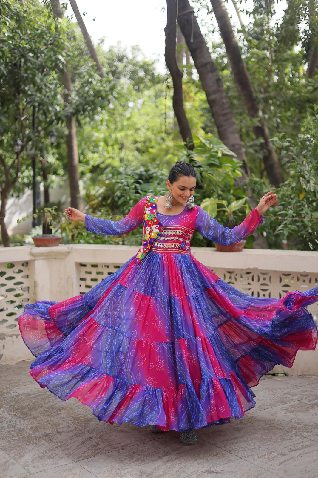 Navratri Special Laheriya Bandhej Kutchi Work Georgette Gown