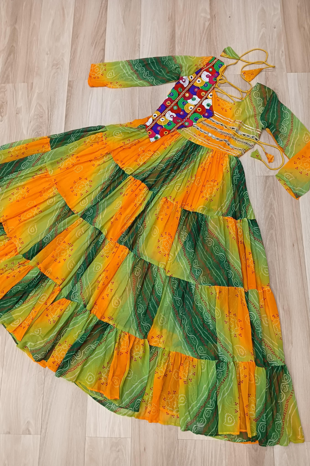 Navratri Special Laheriya Bandhej Kutchi Work Georgette Gown