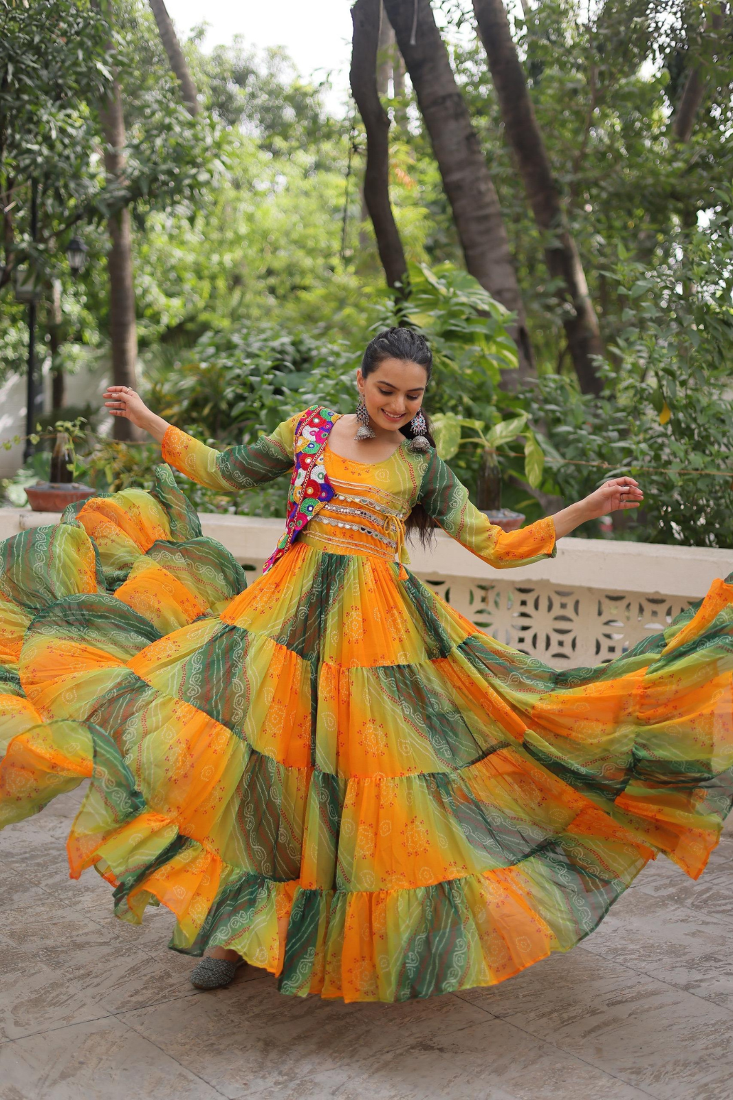 Navratri Special Laheriya Bandhej Kutchi Work Georgette Gown
