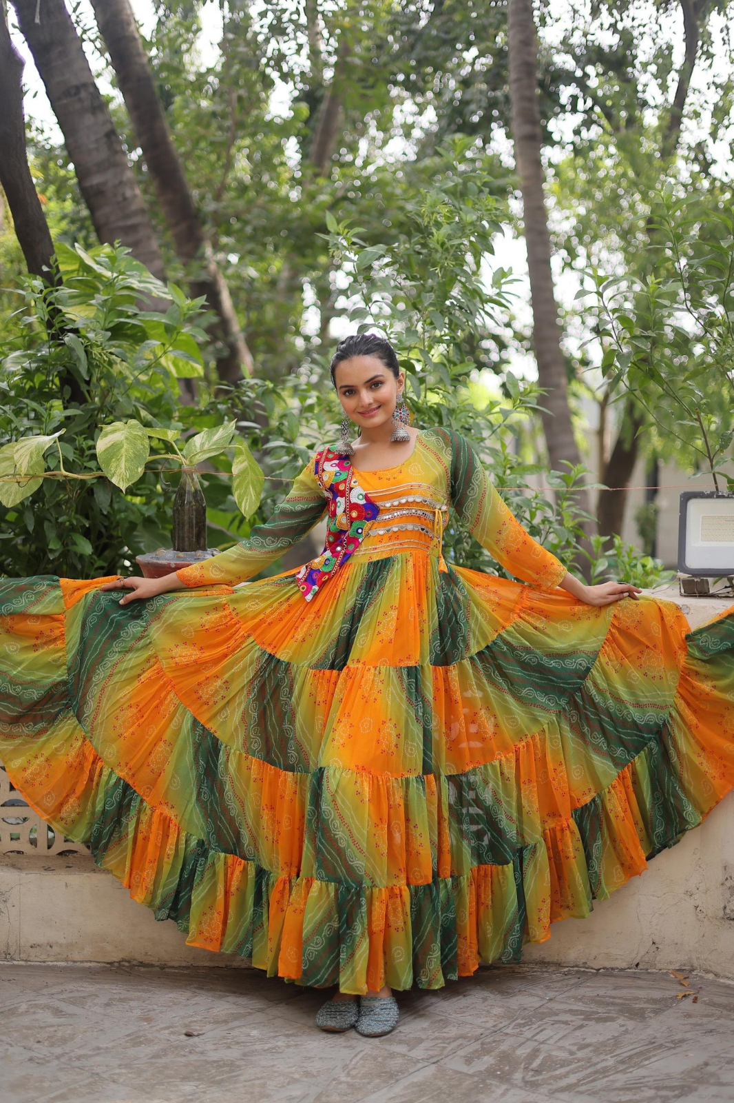 Navratri Special Laheriya Bandhej Kutchi Work Georgette Gown