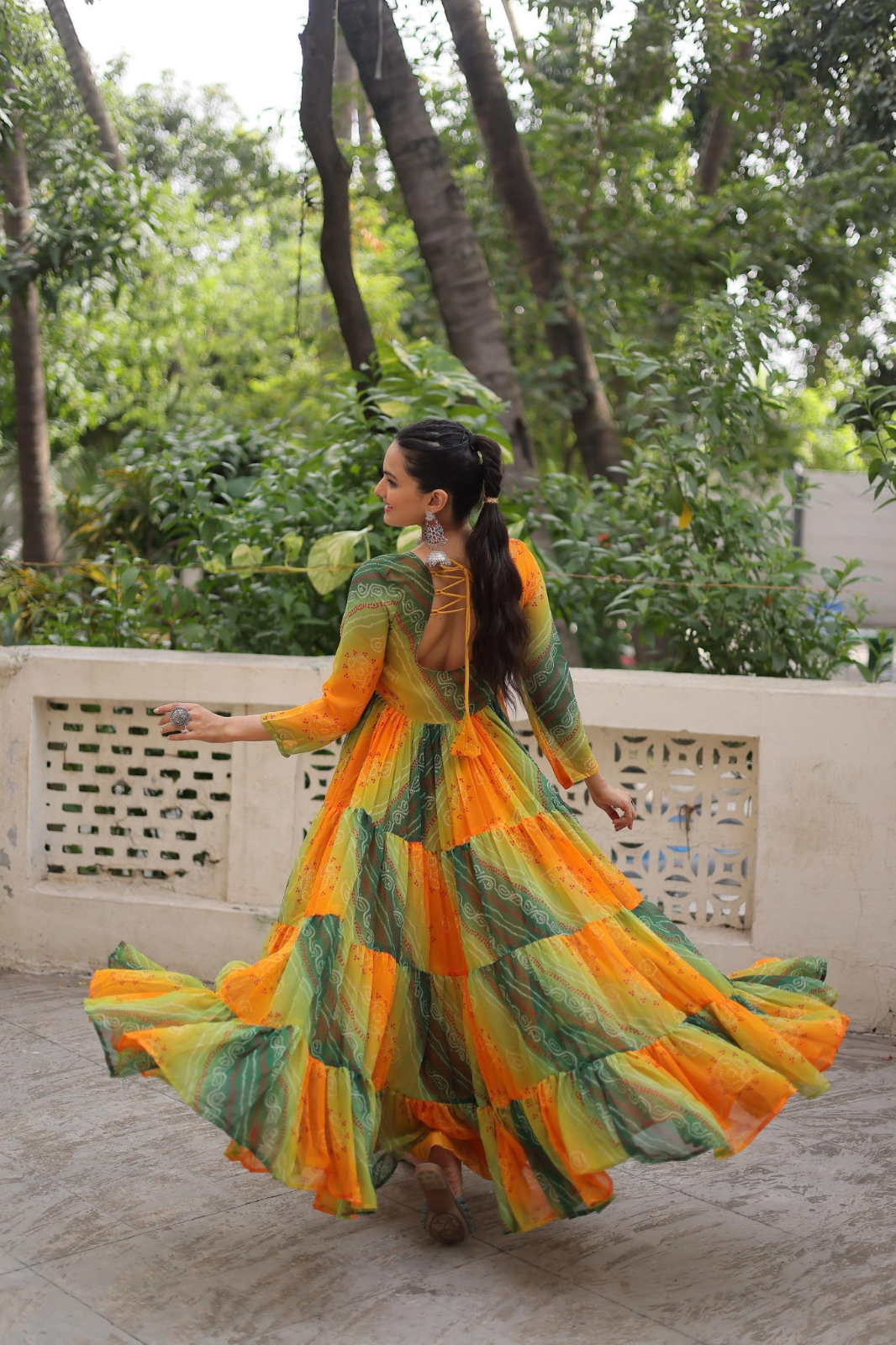 Navratri Special Laheriya Bandhej Kutchi Work Georgette Gown