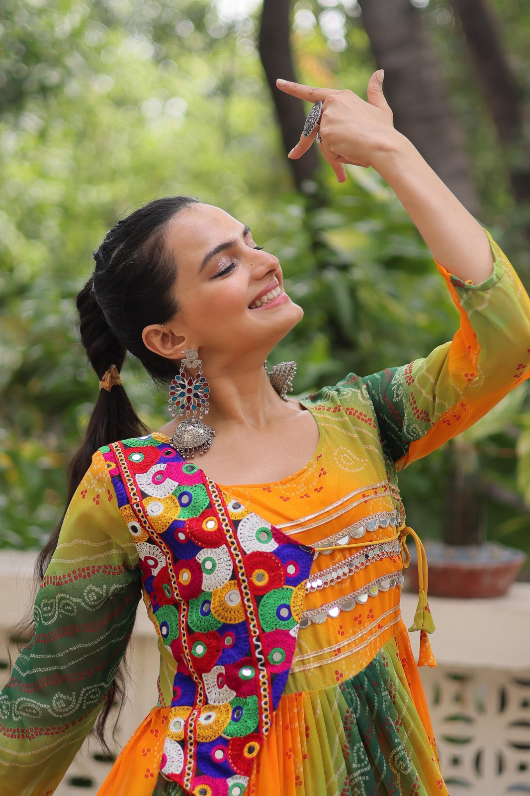Navratri Special Laheriya Bandhej Kutchi Work Georgette Gown