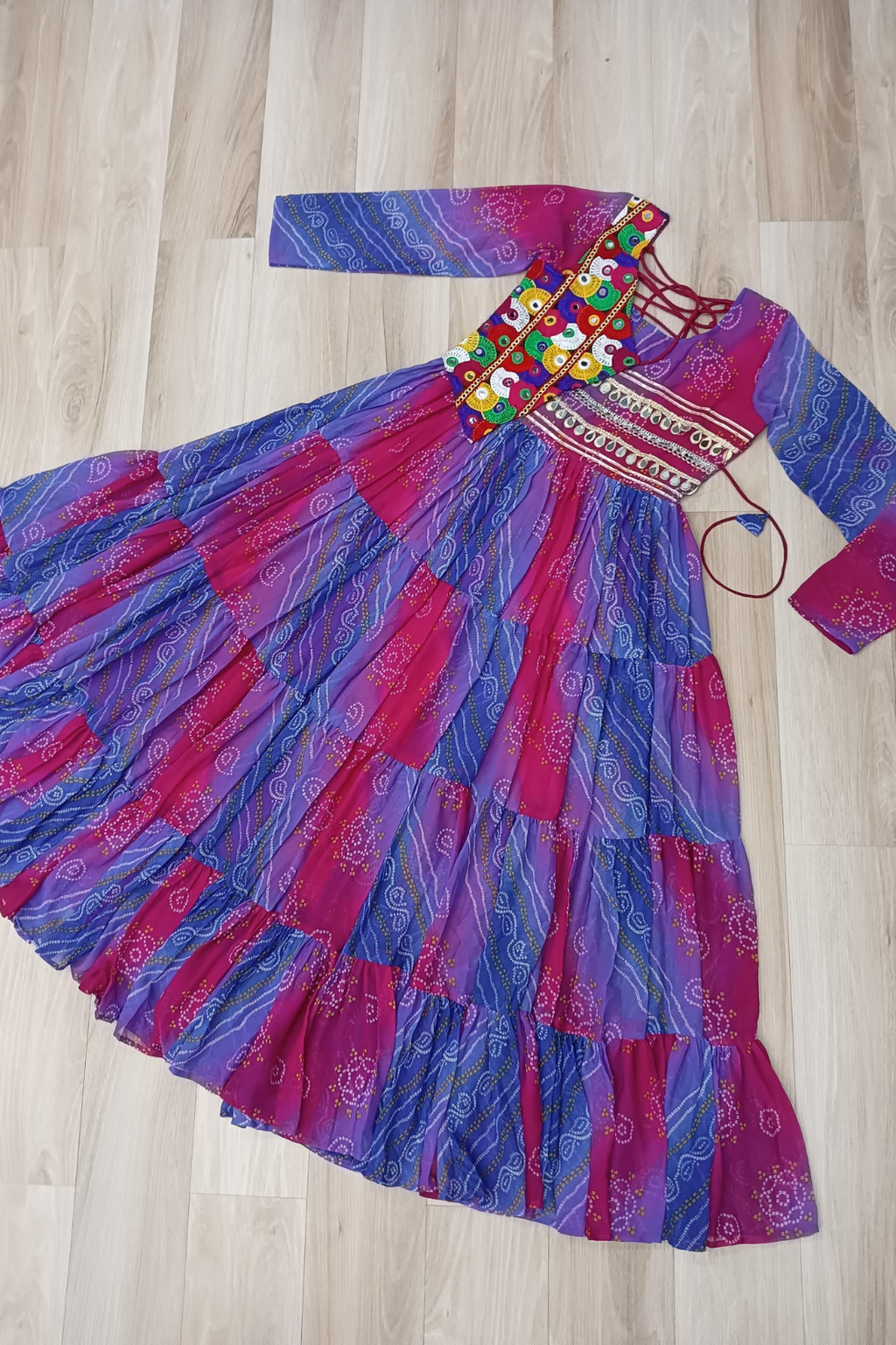 Navratri Special Laheriya Bandhej Kutchi Work Georgette Gown