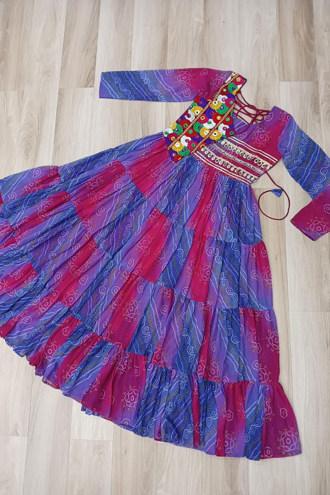 Navratri Special Laheriya Bandhej Kutchi Work Georgette Gown