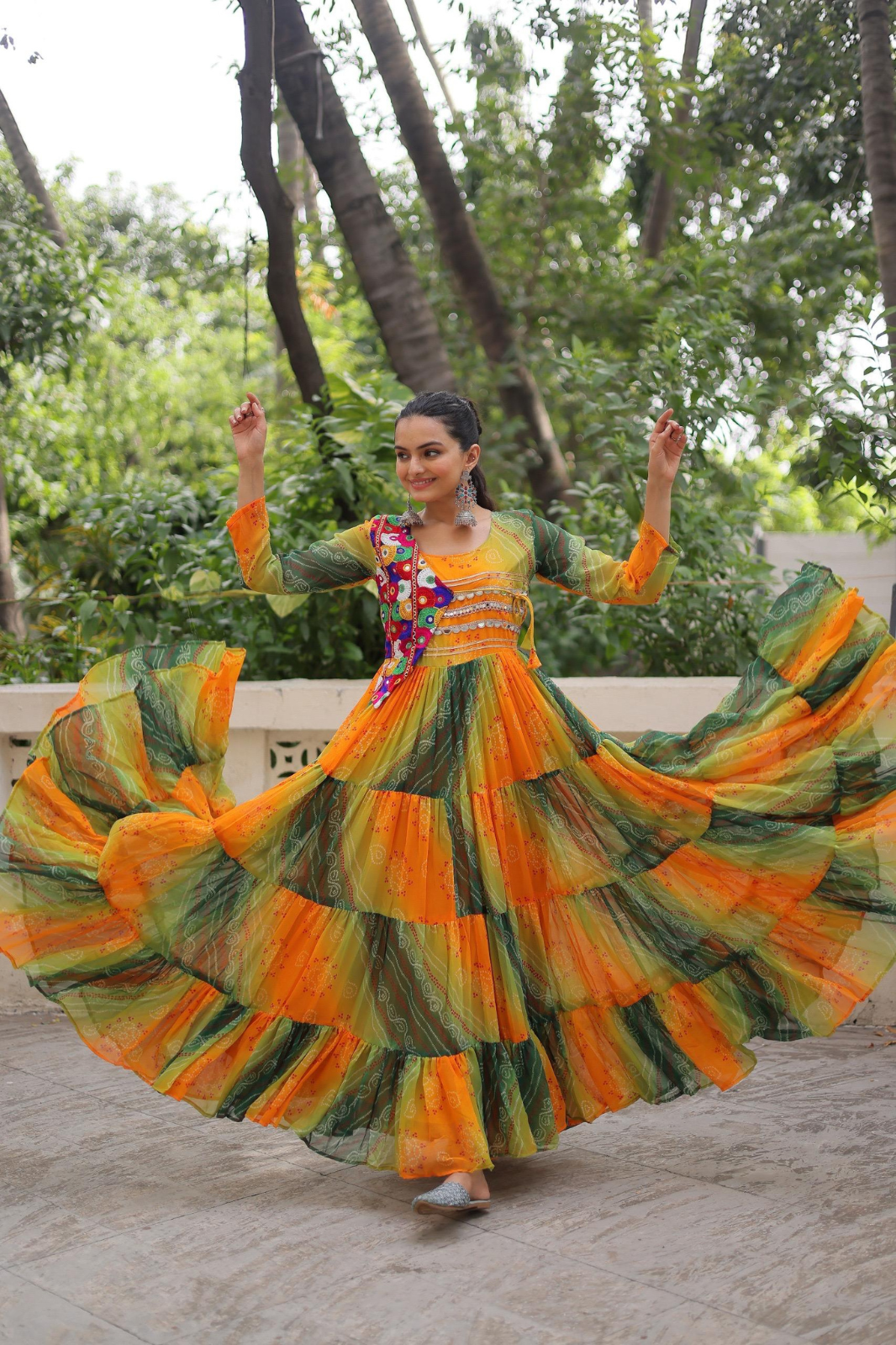 Navratri Special Laheriya Bandhej Kutchi Work Georgette Gown