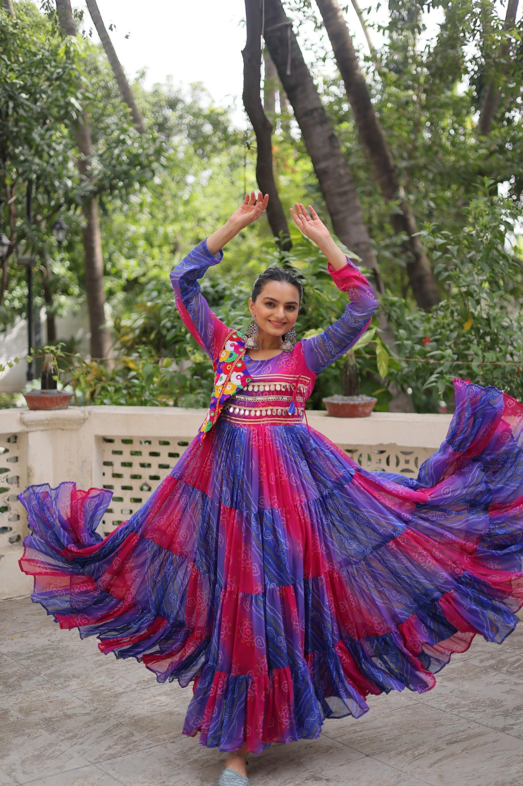 Navratri Special Laheriya Bandhej Kutchi Work Georgette Gown