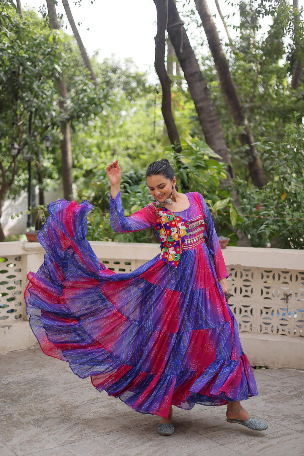 Navratri Special Laheriya Bandhej Kutchi Work Georgette Gown