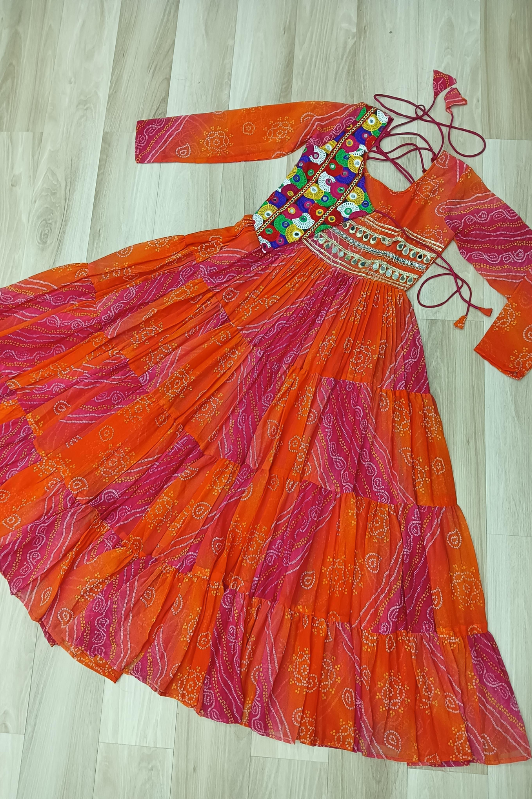 Navratri Special Laheriya Bandhej Kutchi Work Georgette Gown
