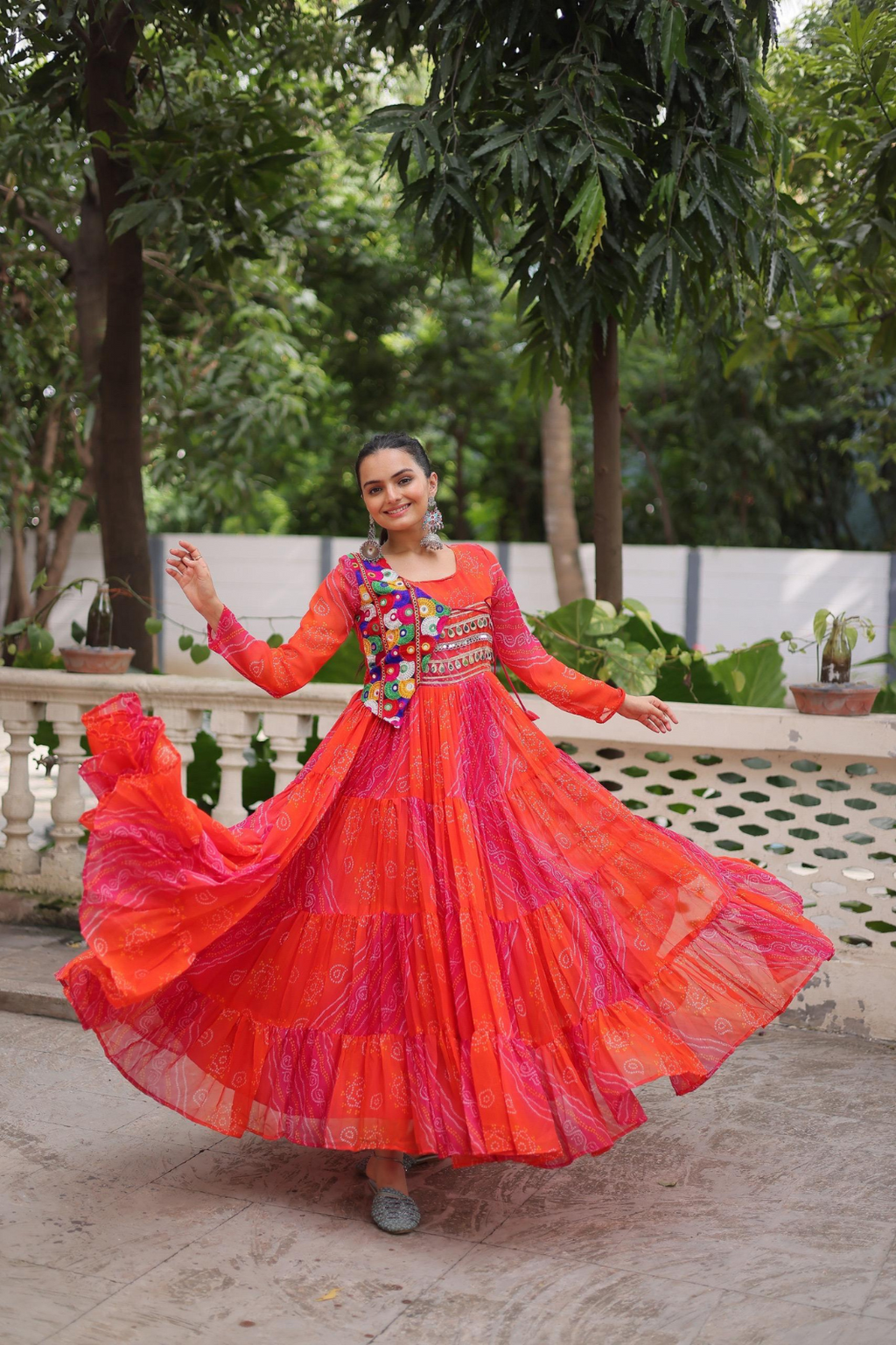 Navratri Special Laheriya Bandhej Kutchi Work Georgette Gown