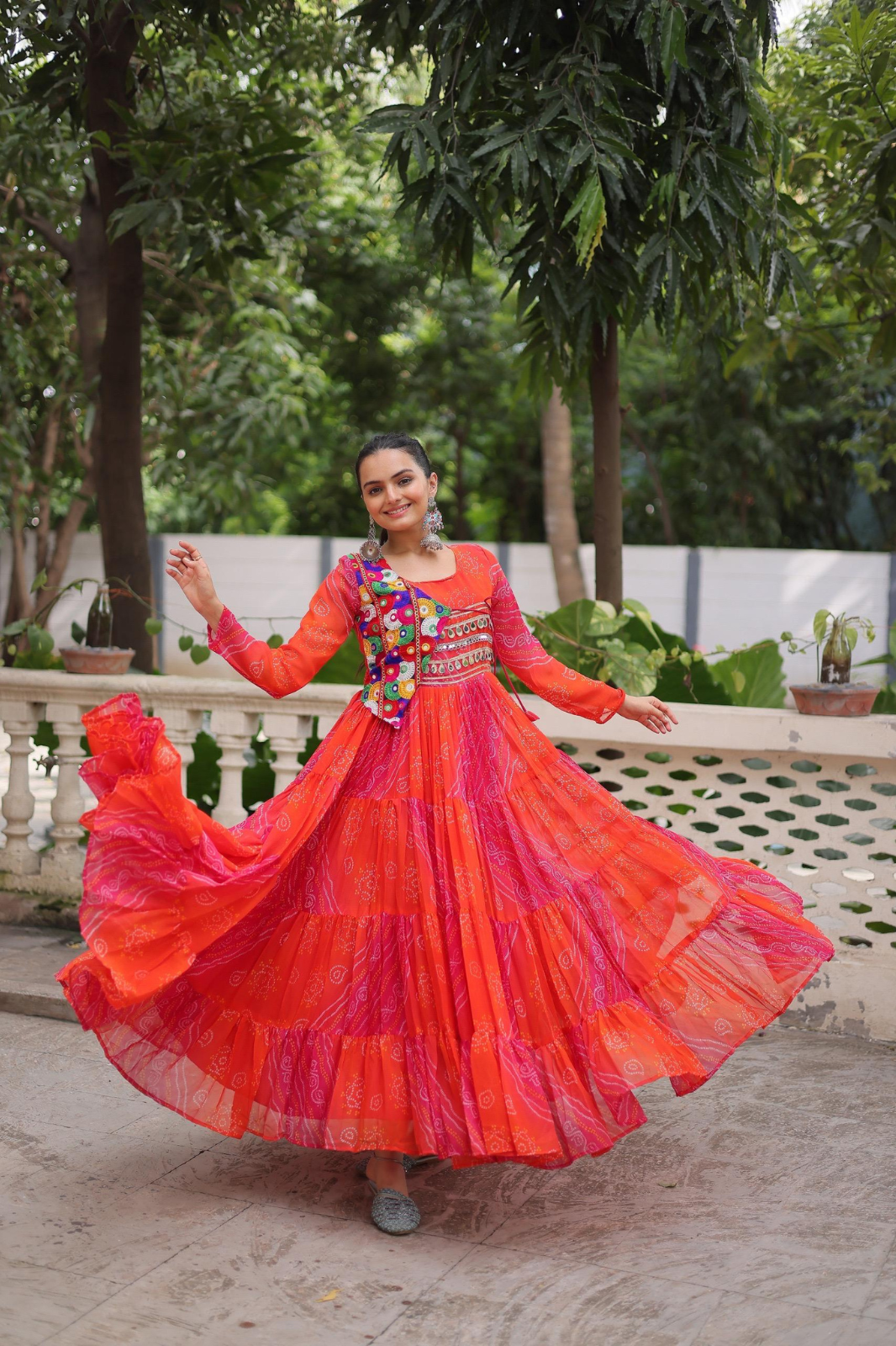 Navratri Special Laheriya Bandhej Kutchi Work Georgette Gown