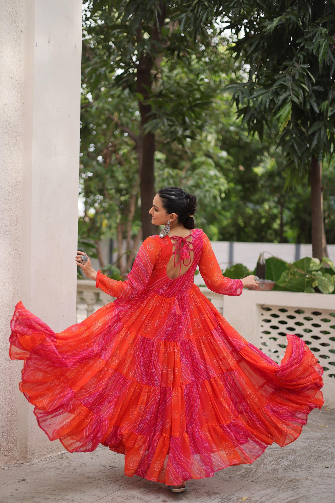 Navratri Special Laheriya Bandhej Kutchi Work Georgette Gown