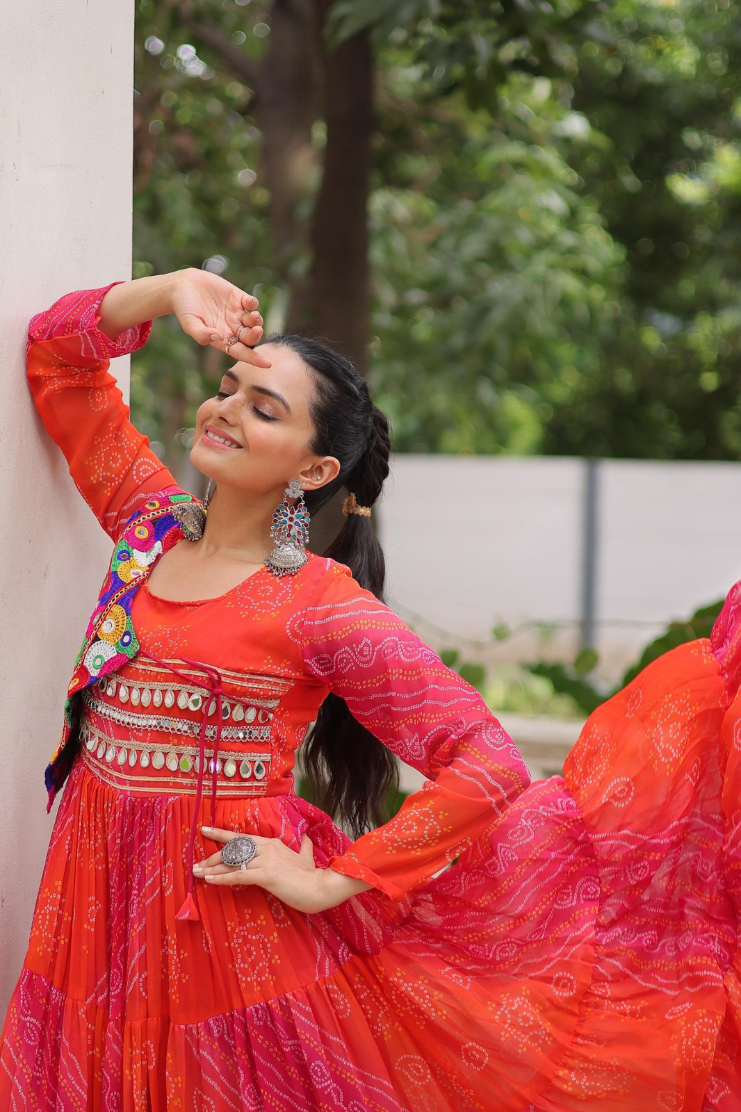 Navratri Special Laheriya Bandhej Kutchi Work Georgette Gown