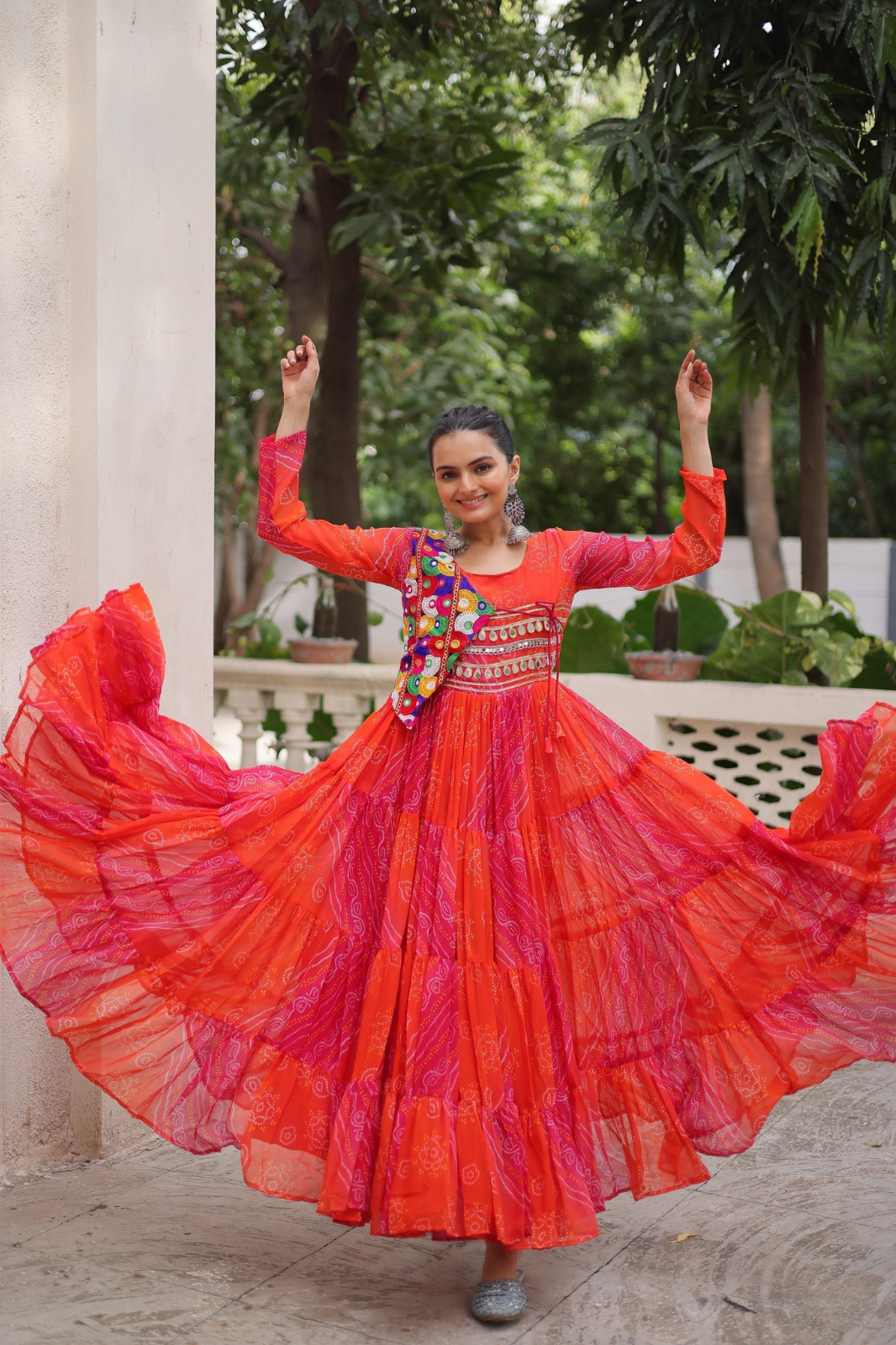 Navratri Special Laheriya Bandhej Kutchi Work Georgette Gown