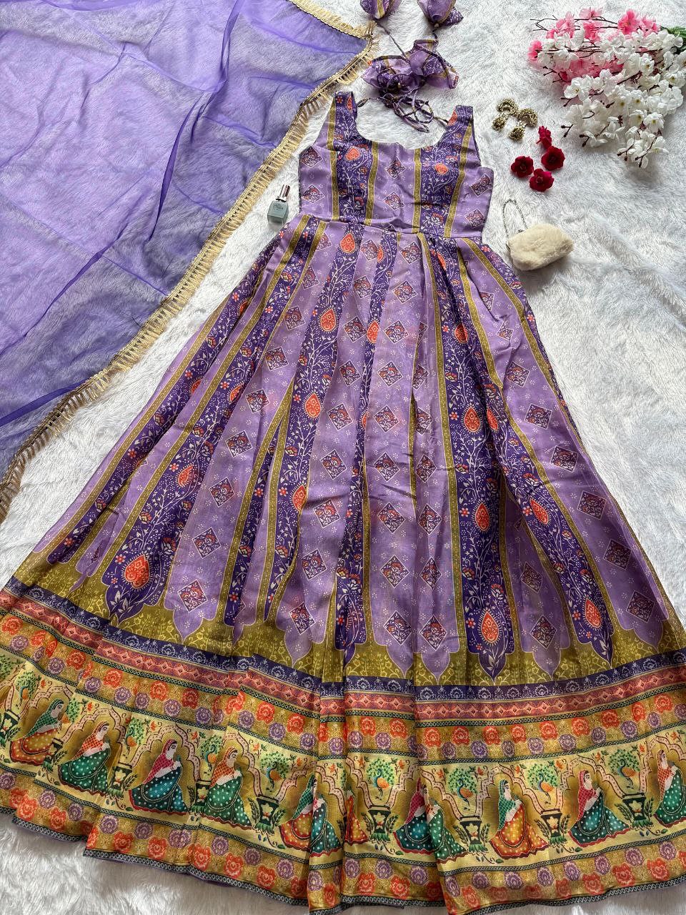 FLAME Organza Silk Anarkali Gown with Dupatta