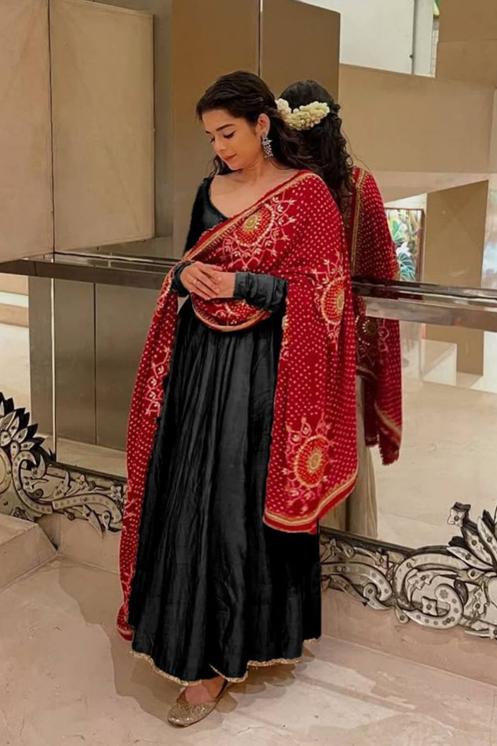 Designer & Elegant 3-Piece Gown with Printed Bandhani Dupatta
