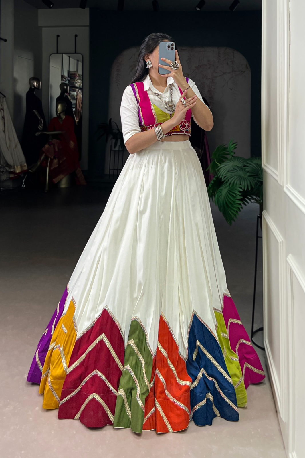 Multi-Colour Patched Lehenga with Casual Shirt & Gamthi Koti – Modern Desi Festive Wear