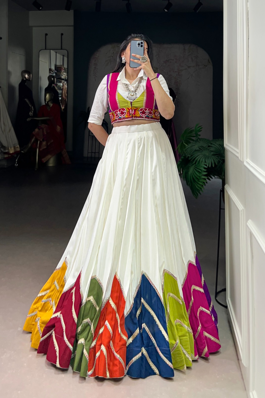 Multi-Colour Patched Lehenga with Casual Shirt & Gamthi Koti – Modern Desi Festive Wear
