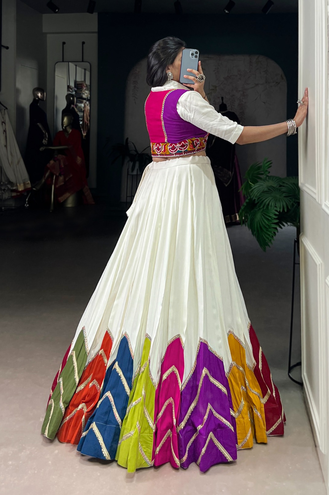 Multi-Colour Patched Lehenga with Casual Shirt & Gamthi Koti – Modern Desi Festive Wear