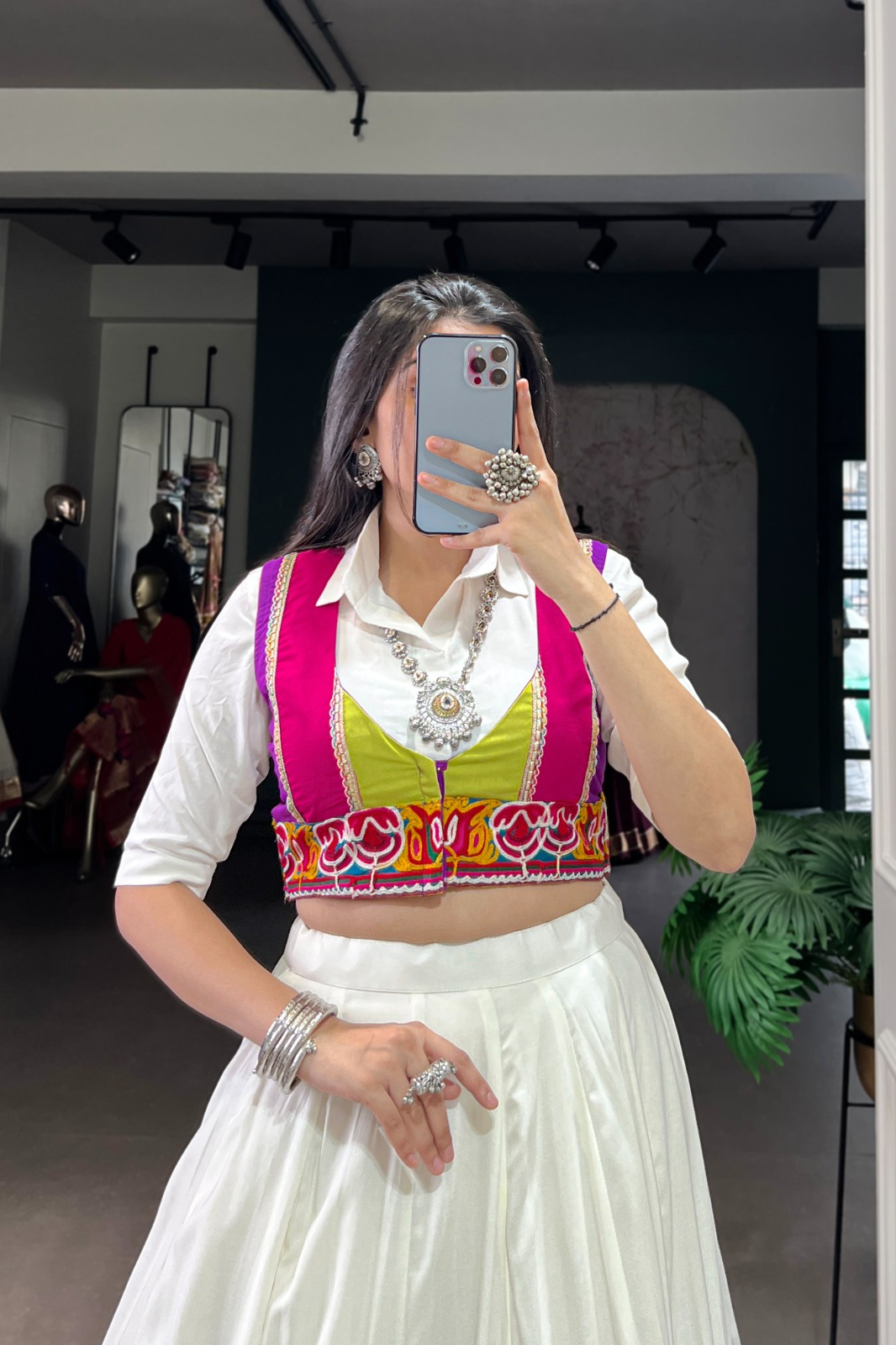 Multi-Colour Patched Lehenga with Casual Shirt & Gamthi Koti – Modern Desi Festive Wear