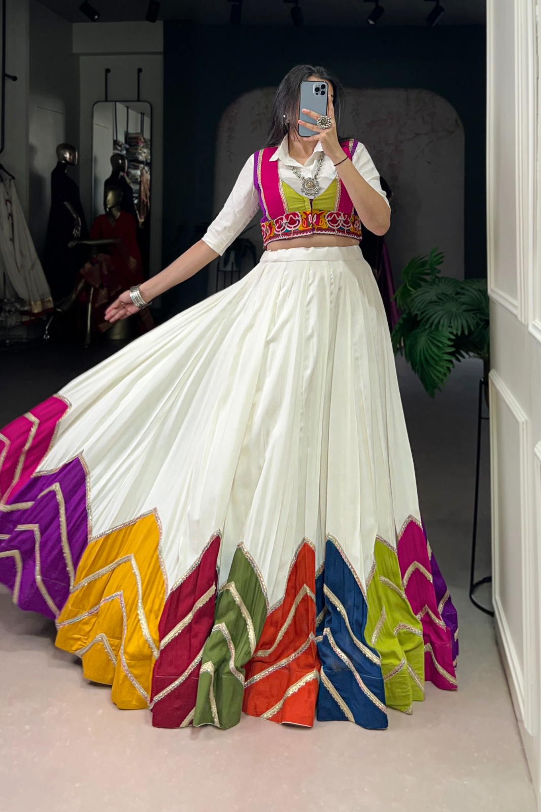 Multi-Colour Patched Lehenga with Casual Shirt & Gamthi Koti – Modern Desi Festive Wear