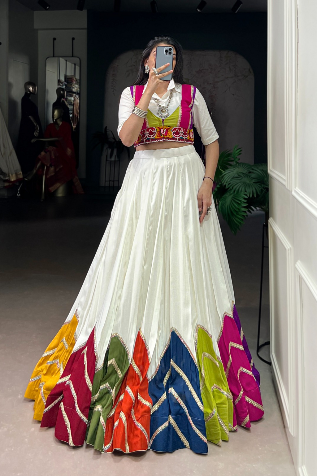 Multi-Colour Patched Lehenga with Casual Shirt & Gamthi Koti – Modern Desi Festive Wear