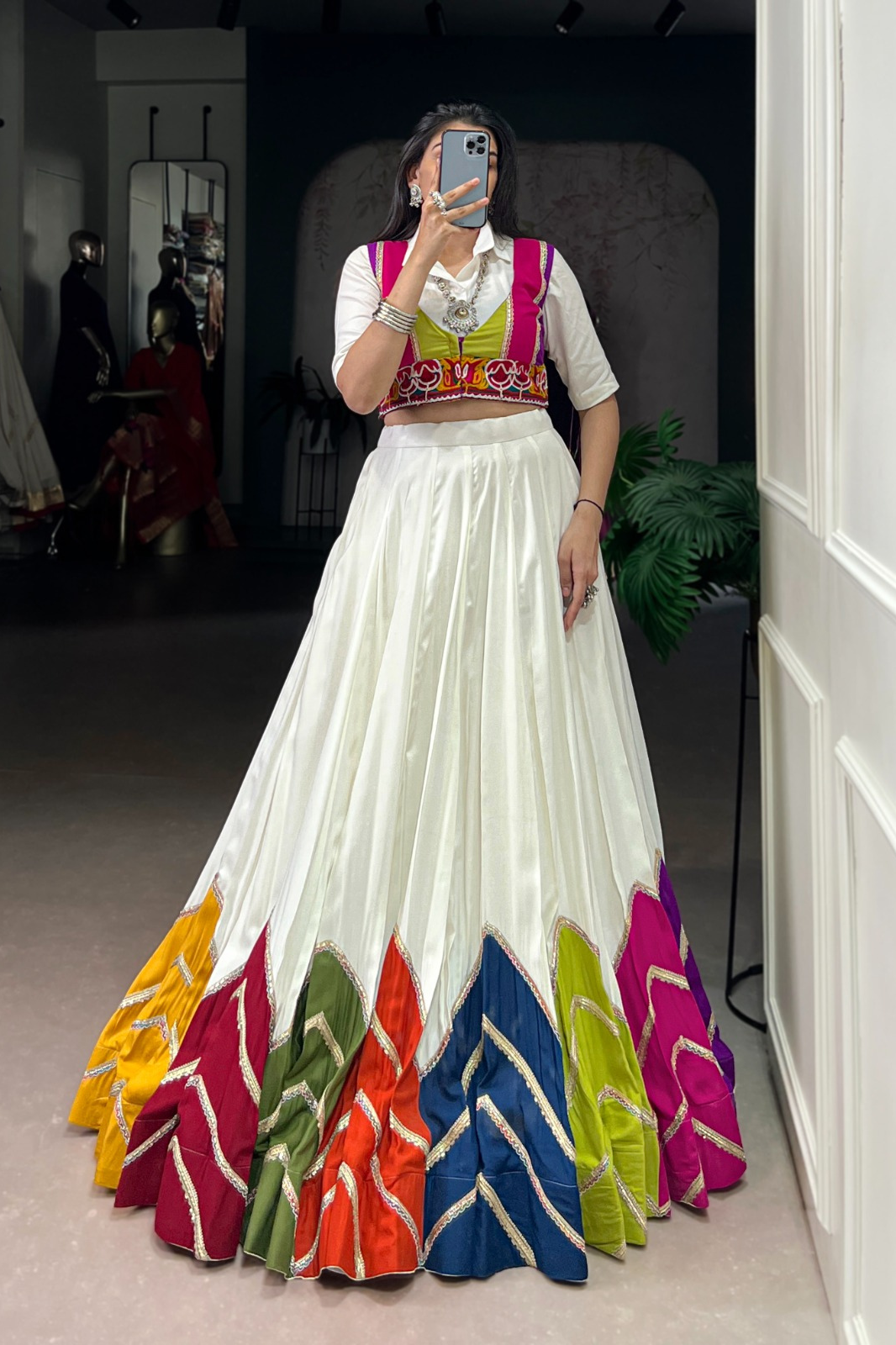 Multi-Colour Patched Lehenga with Casual Shirt & Gamthi Koti – Modern Desi Festive Wear