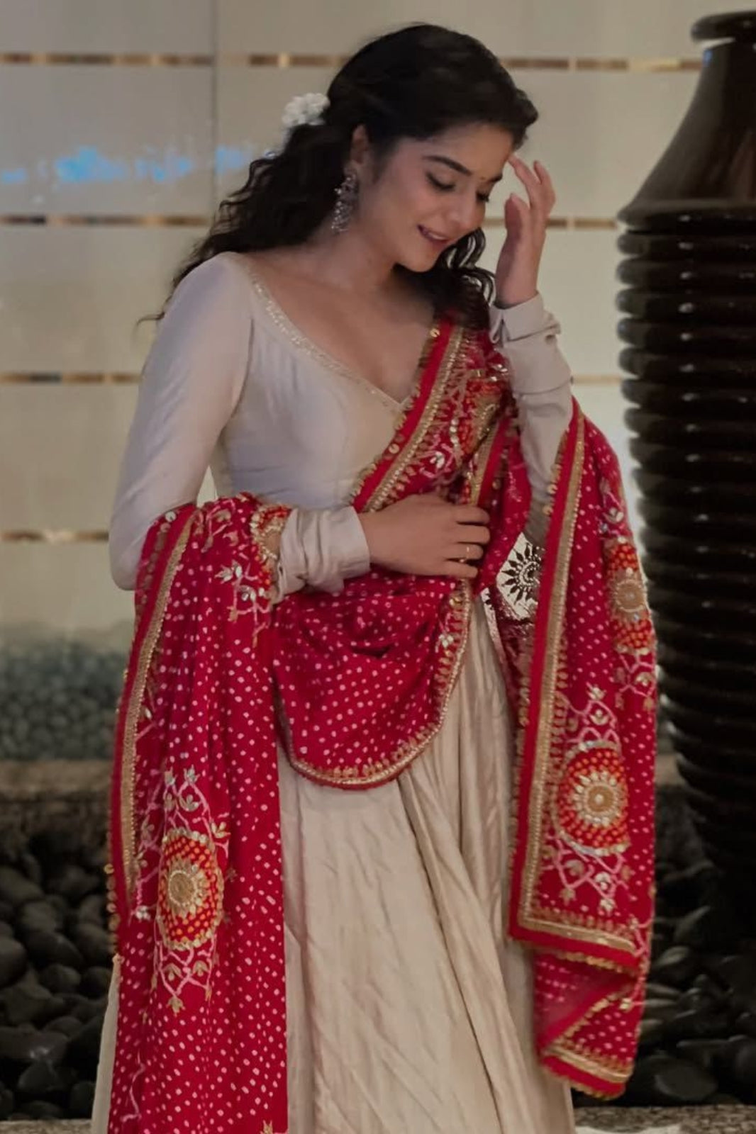 Elegant 3-Piece Designer Gown Set with Printed Bandhani Dupatta – Chinon Fabric