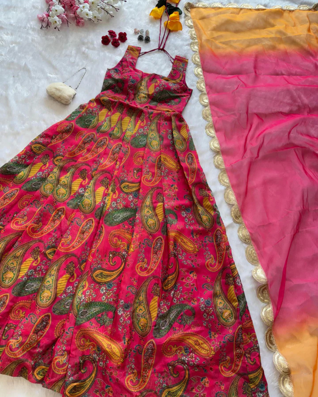 Elegant Digital Printed Anarkali Gown with Organza Dupatta