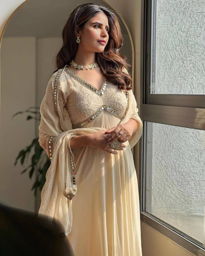 Chikankari Mirror Work Anarkali Gown with Dupatta