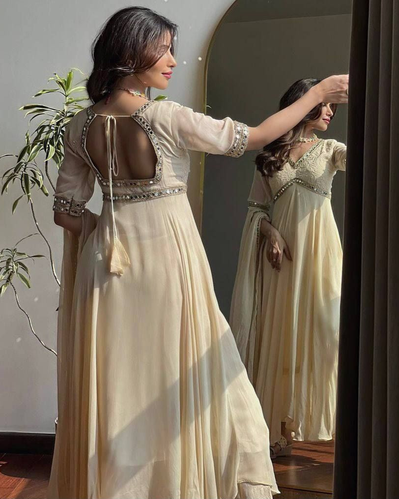 Chikankari Mirror Work Anarkali Gown with Dupatta