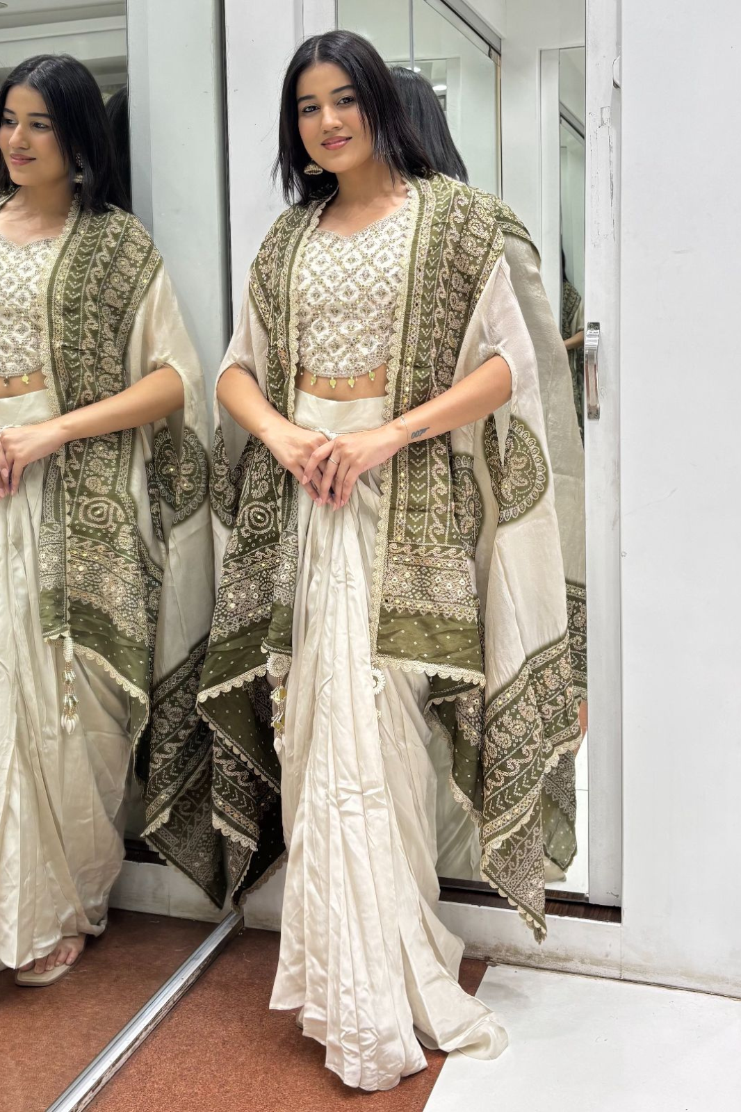 Indo-Western 3-Piece Set with Real Mirror Work – Blouse, Dhoti & Dupatta