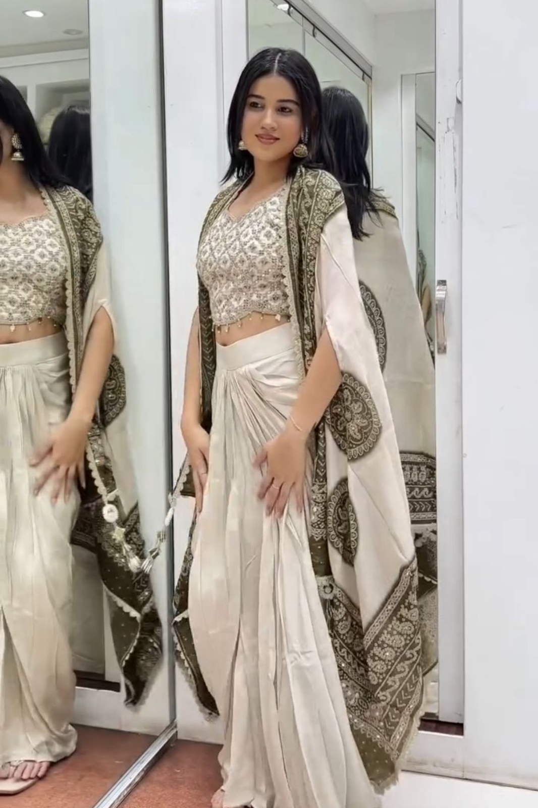 Indo-Western 3-Piece Set with Real Mirror Work – Blouse, Dhoti & Dupatta