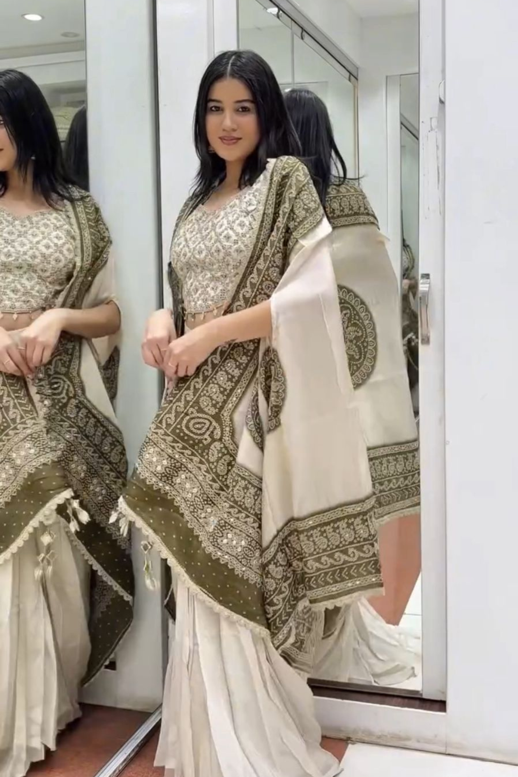 Indo-Western 3-Piece Set with Real Mirror Work – Blouse, Dhoti & Dupatta