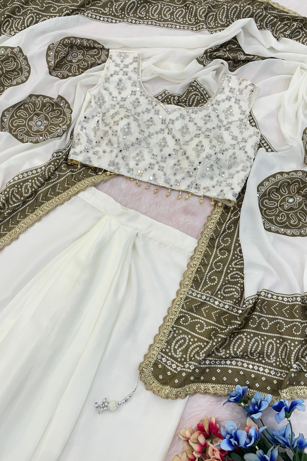 Indo-Western 3-Piece Set with Real Mirror Work – Blouse, Dhoti & Dupatta