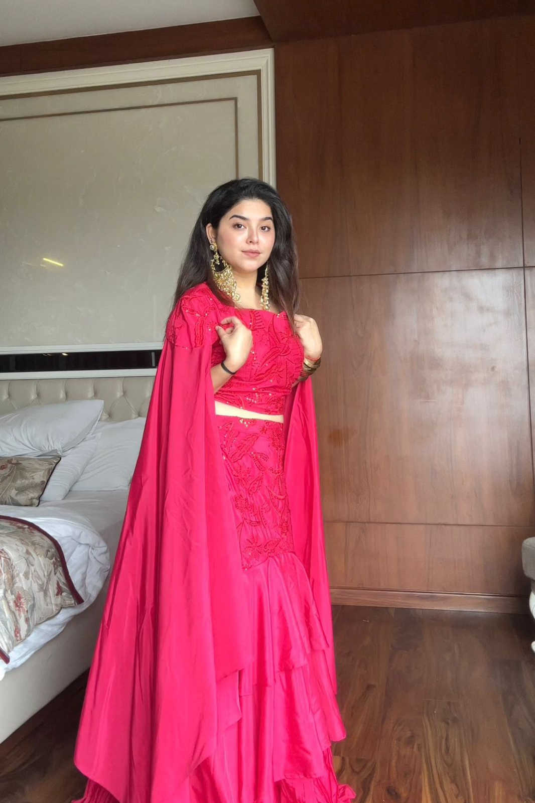 Graceful Layered Ruffle Lehenga with Cape Dupatta