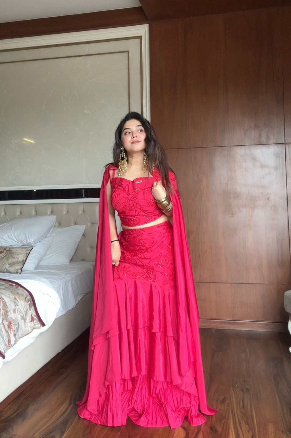Graceful Layered Ruffle Lehenga with Cape Dupatta