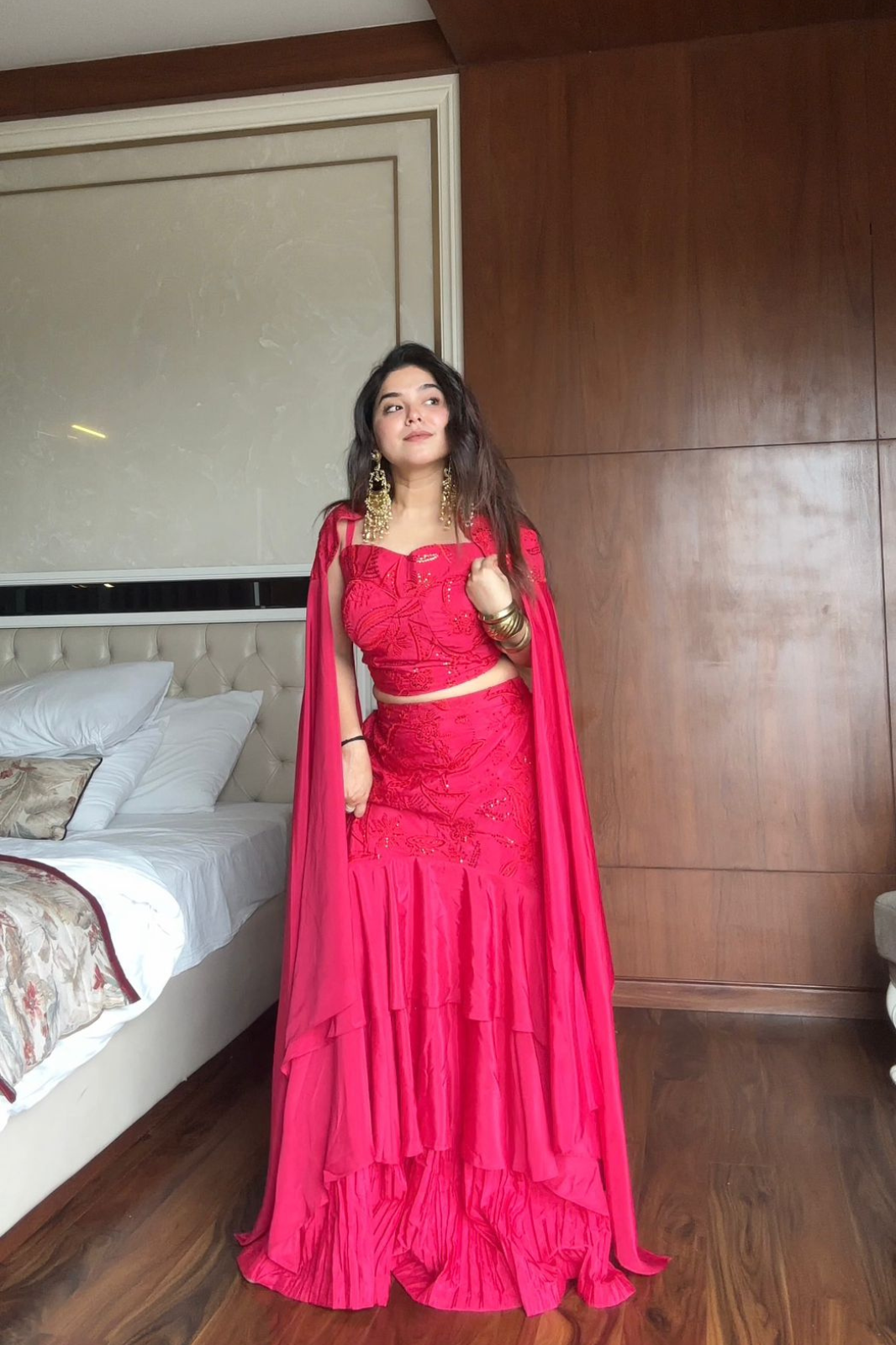 Graceful Layered Ruffle Lehenga with Cape Dupatta