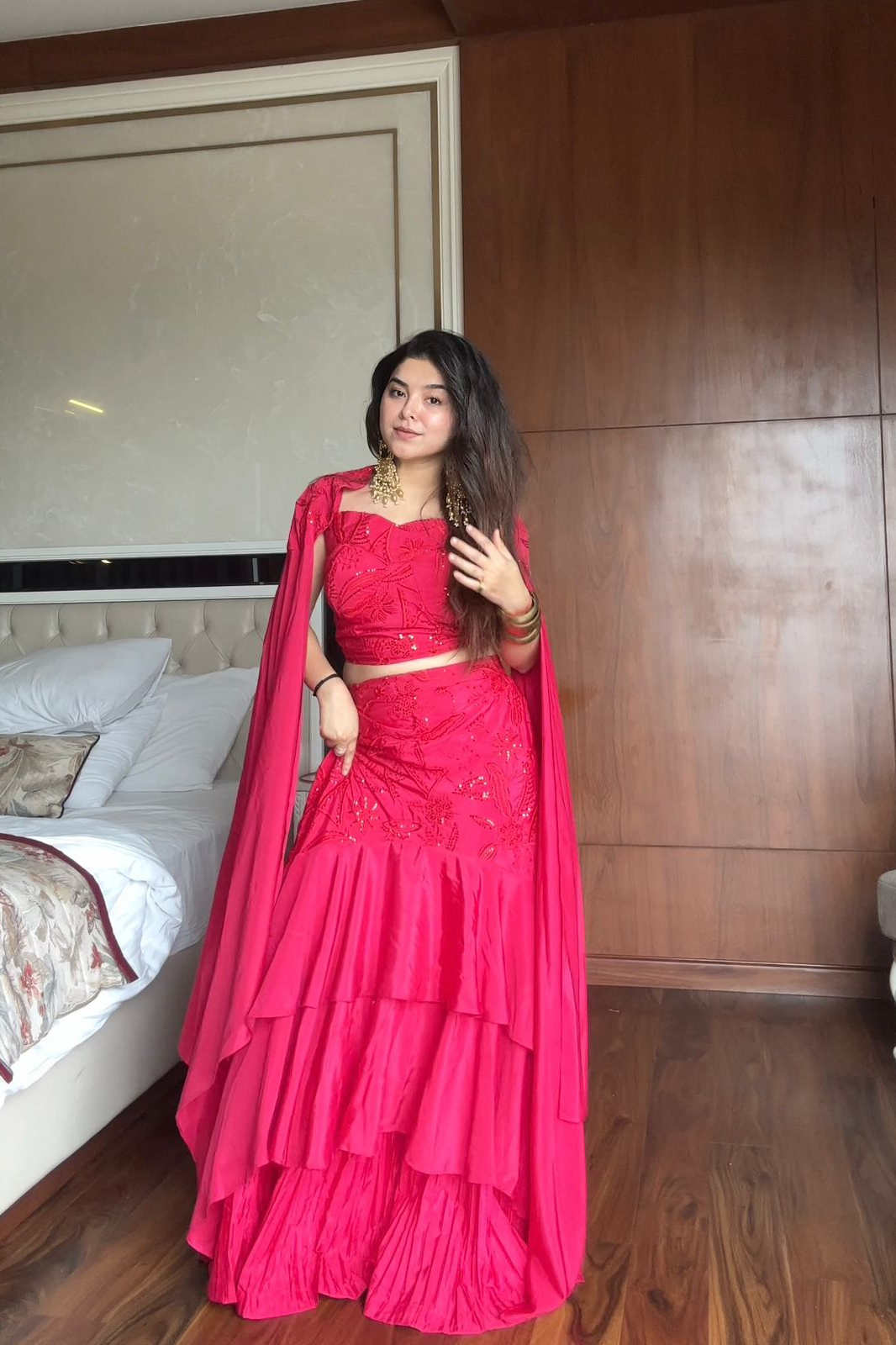 Graceful Layered Ruffle Lehenga with Cape Dupatta