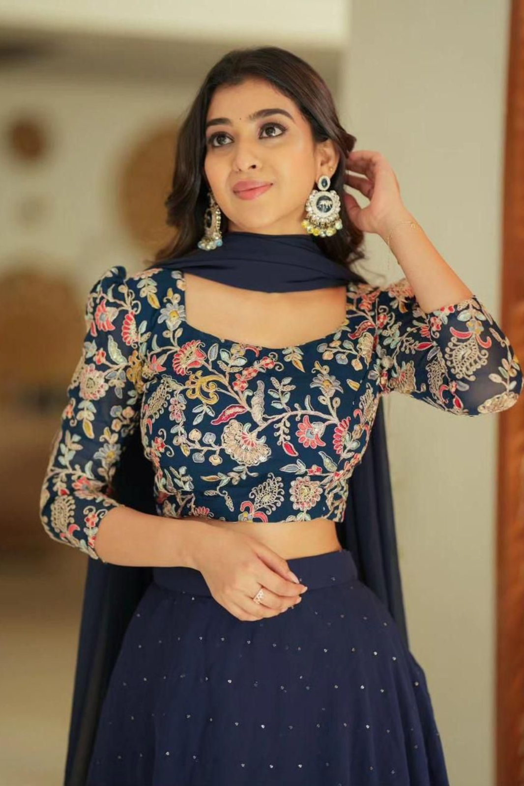 Navy Blue Designer Embroidered Georgette Lehenga Choli with Dupatta