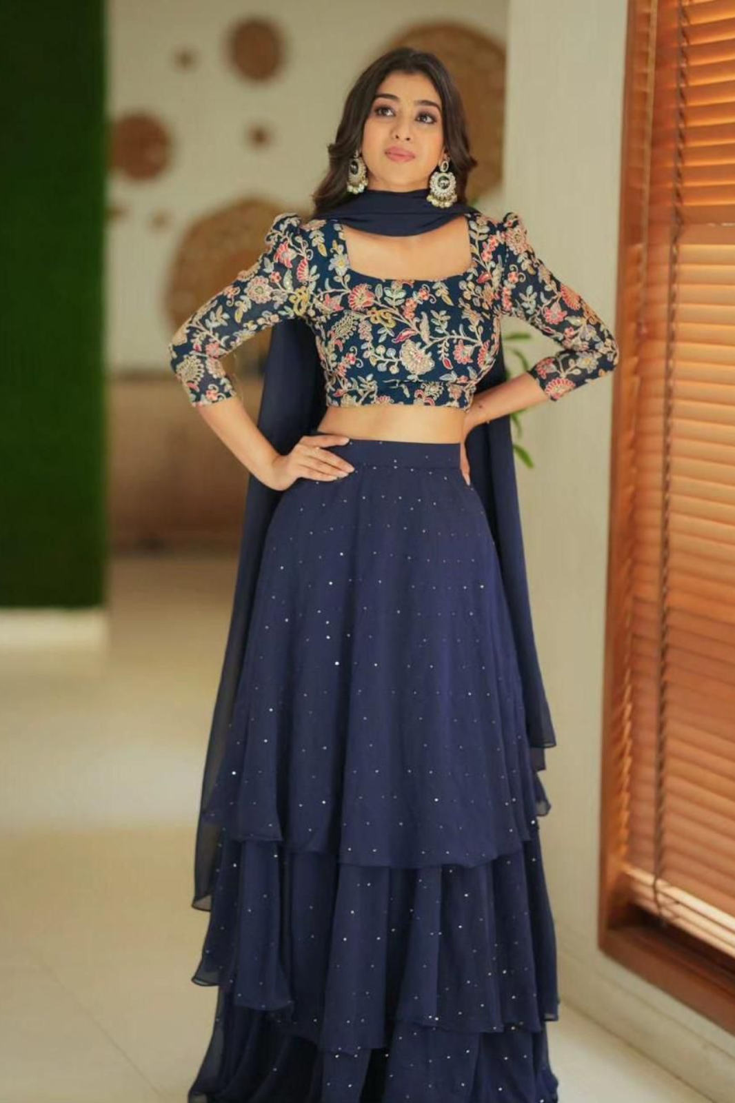 Navy Blue Designer Embroidered Georgette Lehenga Choli with Dupatta