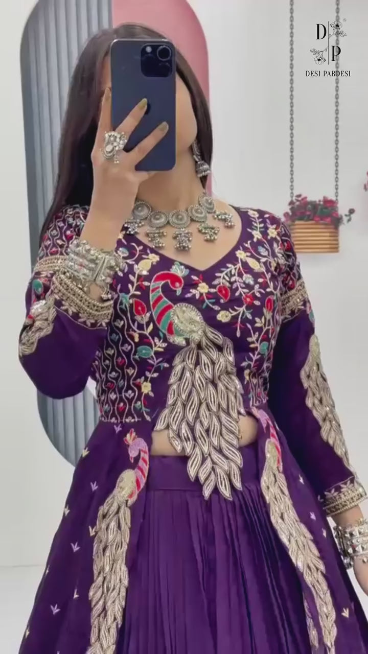 Crop Top with Shrug & Lehenga Set Pure Vichitra Fabric