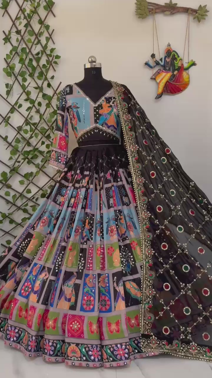 Elegant Navratri special with graceful flair, mirror work, and embroidered dupatta