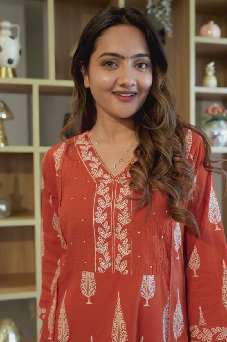 Rust Orange Printed Ethnic Set – Kurta, Pant & Dupatta
