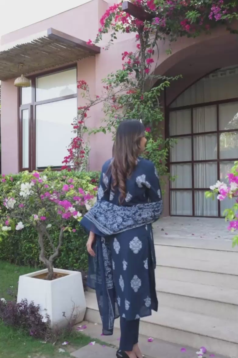 Navy Blue Embroidered Ethnic Set – Kurta, Pant & Dupatta