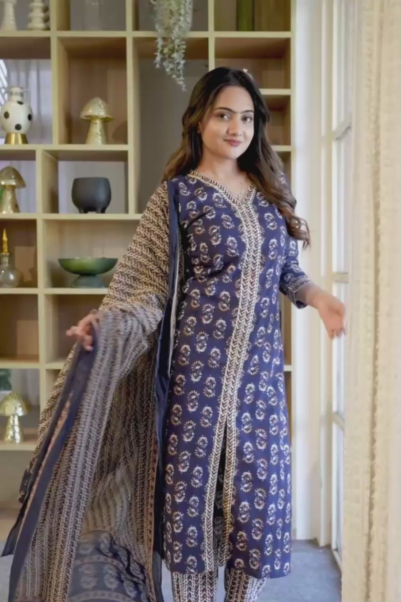 Navy Blue Printed Ethnic Set – Kurta, Pant & Dupatta